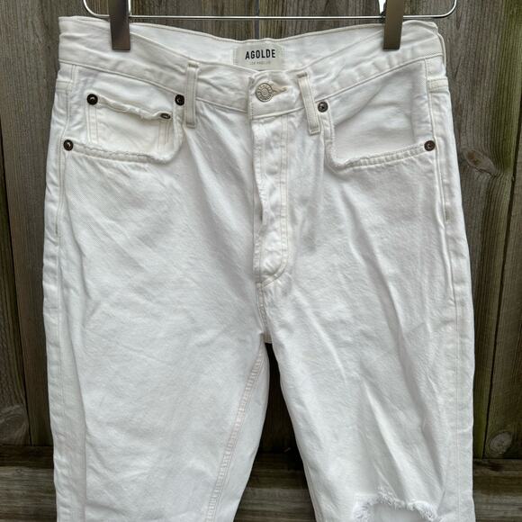 Agolde Jeans Riley Straight Cropped Jeans Distressed Button Fly White Size 27 - Picture 3 of 12